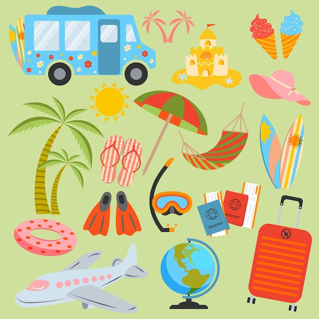 Accesorios para el verano paraguas de playa tabla de surf zapatillas de helado boletos de avión hamaca ma