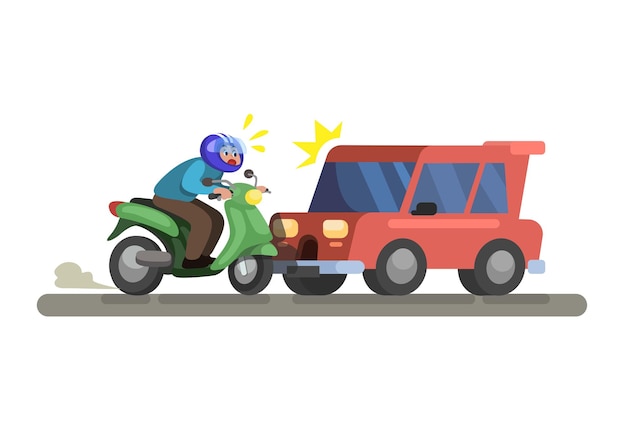 Accidente de accidente automovilístico que golpea el vector de ilustración de dibujos animados de escena de moto