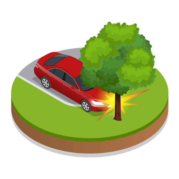 Accidente automovilistico. accidente de coche Ilustración isométrica de vector plano 3d. Accidente situación vial peligro accidente automovilístico y accidente carretera colisión seguridad transporte de emergencia. Accidente de velocidad peligrosa.