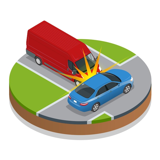 Accidente automovilistico. accidente de coche Ilustración isométrica de vector plano 3d. Accidente situación vial peligro accidente automovilístico y accidente carretera colisión seguridad transporte de emergencia. Accidente de velocidad peligrosa.