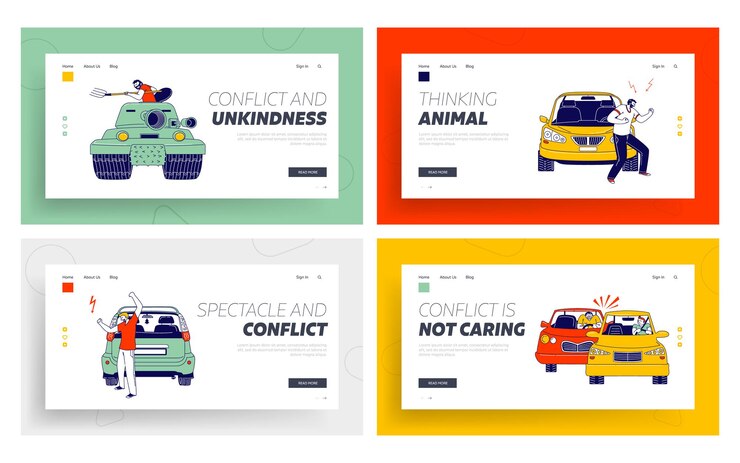 Vector accidente automovilístico o conflicto en el conjunto de plantillas de la página de destino de la carretera. personajes de los conductores discutiendo en la carretera en los automóviles. habitantes de la ciudad sufrieron en situación de tráfico. ilustración vectorial de personas lineales