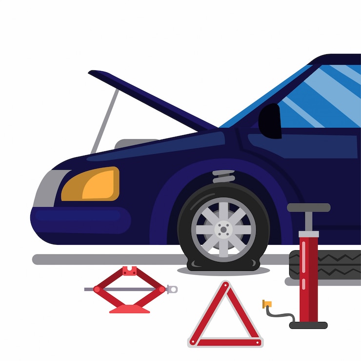 Vector accidente automovilístico, pinchazo. cambio de neumáticos con kit de herramientas de emergencia en ilustración plana de dibujos animados aislado