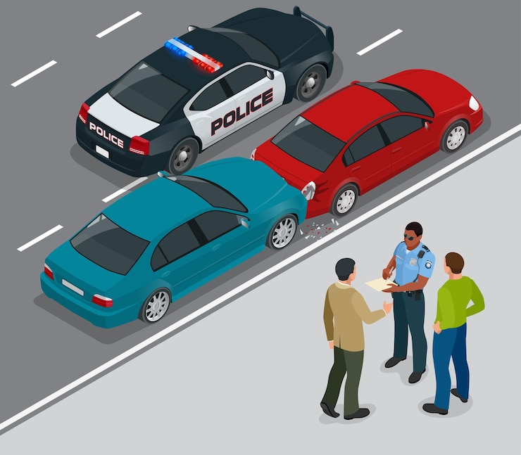 Vector accidente automovilístico que involucra a dos autos en una calle de la ciudad. policía de tránsito en la escena del accidente automovilístico. dos conductores discutiendo después de una colisión de tráfico. ilustración isométrica de vector plano 3d.