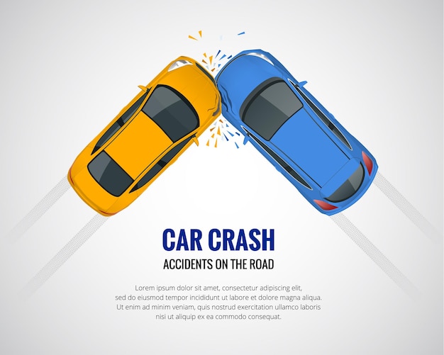 Accidente automovilístico, vista superior del accidente automovilístico aislado en un fondo claro. Desastre de emergencia por accidente automovilístico. Ilustración de vector plano.