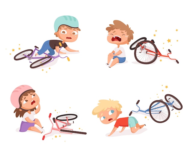 Accidente de bicicleta. Niños caídos bicicleta dañada transporte roto accidentes de niños ayudando a personajes de persona.