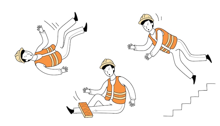 Accidente de caída del trabajador lesionado Conjunto Carácter de estilo de garabato dibujado en línea Hombre con uniforme de constructor y casco Riesgo de trabajo de la industria y concepto de seguridad de la salud Ilustración vectorial