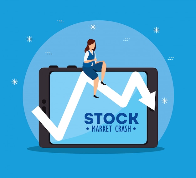 Accidente del mercado de valores con empresaria y dispositivo de tableta