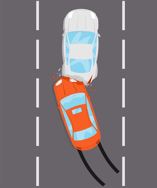 Accidente de tráfico vector de dos accidentes automovilísticos vista superior de la colisión del vehículo transporte dañado ciudad