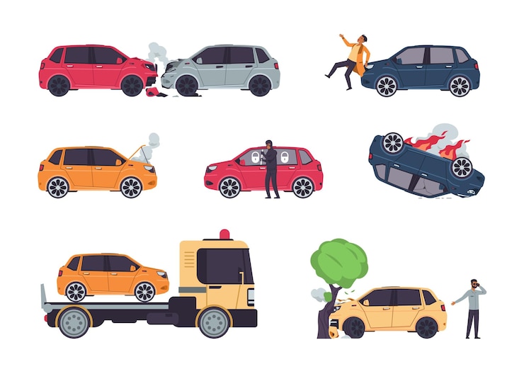 Vector accidentes automovilísticos. casos de seguros, colisión de vehículos y accidentes automovilísticos, protección contra robo, dibujos animados de automóviles dañados y riesgos de seguros de automóviles. vector set ilustraciones vehículo roto