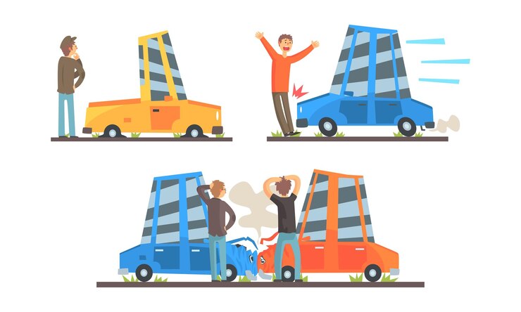 Vector accidentes automovilísticos en el set de carreteras conductores masculinos de pie a la orilla de la carretera en automóviles chocados concepto de seguro automovilístico ilustración vectorial de dibujos animados