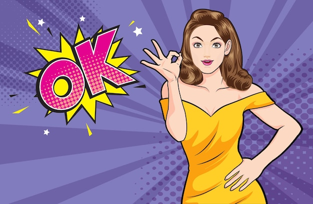 Acción de gesto bien de mujer con estilo de cómics de arte pop de fondo de punto WOW.