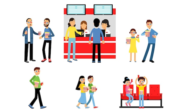 Acciones de la gente en el cine están hablando viendo películas comprando bebidas y entradas usando gafas 3D divirtiéndose juntos caminando con palomitas de maíz