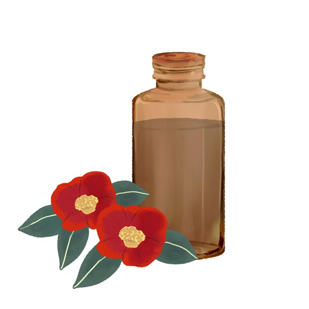 Aceite de camelia. Sobre un fondo blanco.
