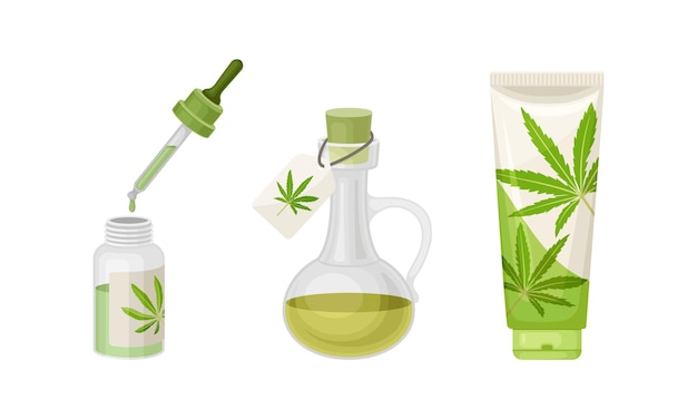 Aceite de cannabis en frasco con etiqueta y crema en conjunto vectorial de tubo