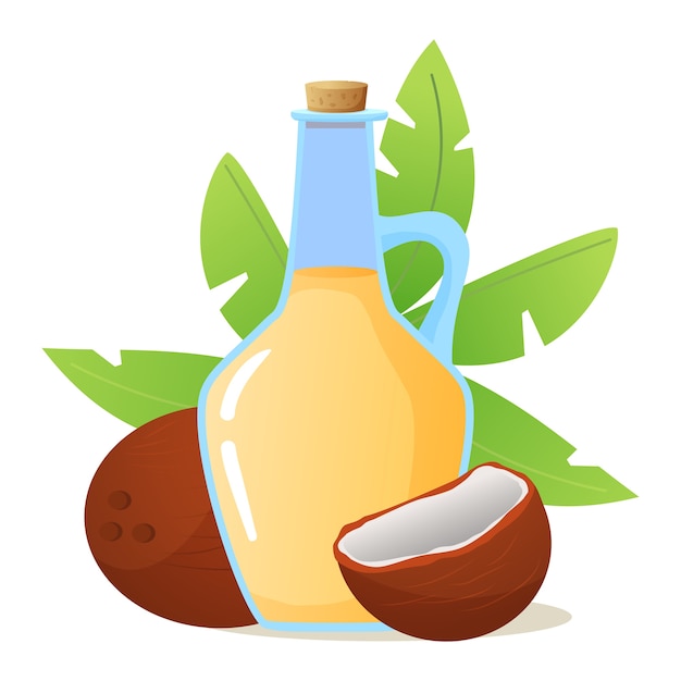 Aceite de coco en botella de vidrio Cocos enteros y nueces rotas con hojas de palma. Producto orgánico saludable