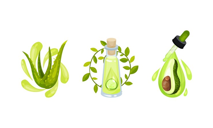 Vector aceite cosmético con aloe vera y aguacate en frasco con gotas en conjunto vectorial de pipeta