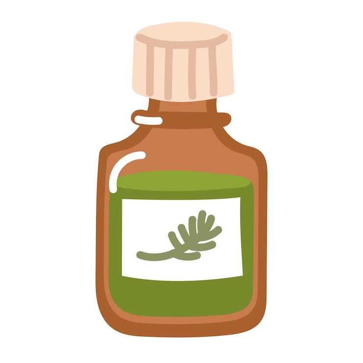 Vector aceite esencial aromático aceite de pino espumoso botella de fragancia hecha de vidrio ámbar oscuro un líquido verde