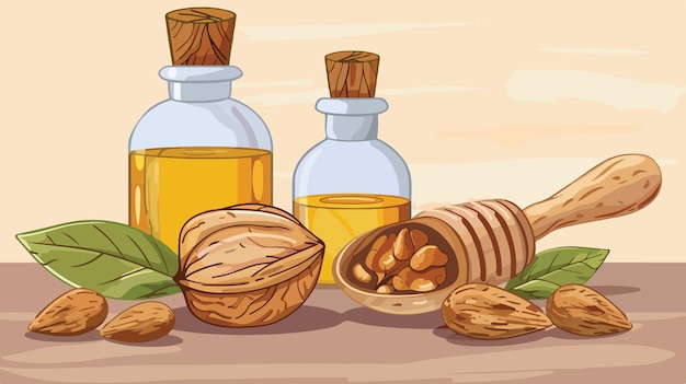 Aceite esencial de nuez moscada y nueces en una ilustración vectorial de dibujos animados de mesa de luz