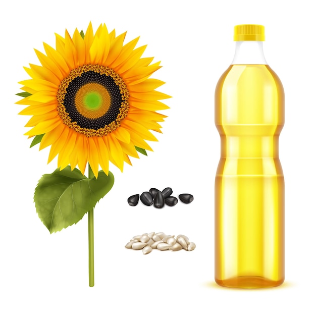 Vector aceite de girasol para cocinar un concepto realista con semillas de flores amarillas y aceite en una botella de plástico ilustración vectorial aislada