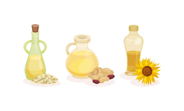 Aceite de hierbas orgánicas vertido en frascos de vidrio con corcho Conjunto vectorial