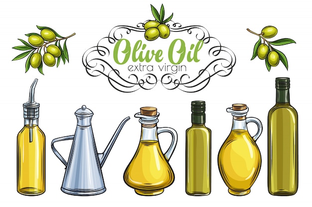 Vector aceite de oliva y aceitunas