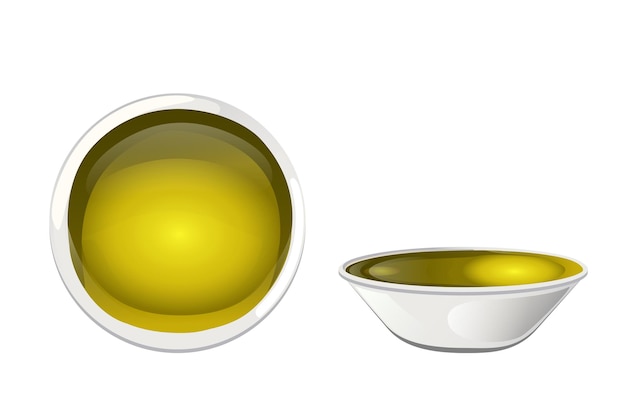 Aceite de oliva amarillo en un tazón en estilo de dibujos animados.