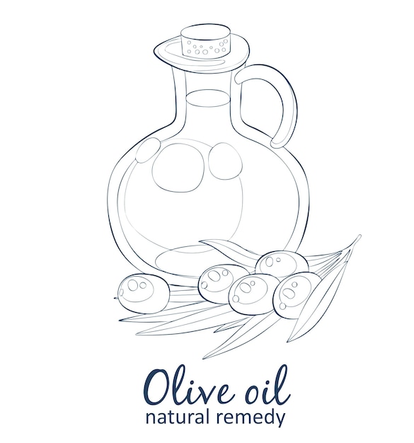 Aceite de oliva en botella icono de vector de dibujos animados aislado sobre fondo blanco ilustración de aceite natural lineal dibujado a mano