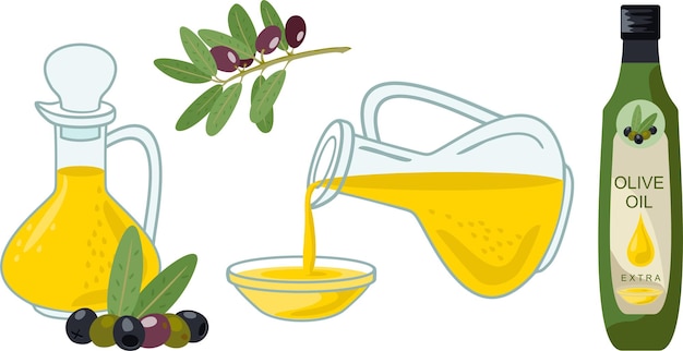 Aceite de oliva en una jarra y una botella con aceitunas y ramas de olivo icono plano para elemento de diseño de pegatinas