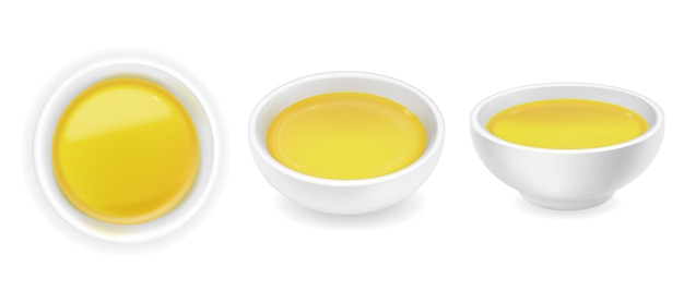 Aceite de oliva o girasol realista en un juego de cuenco redondo. Miel líquida amarilla aislada sobre fondo blanco. comida ilustracion