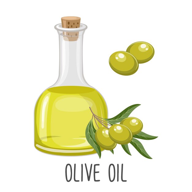 Vector aceite de oliva y ramitas con aceitunas y hojas vector de ilustración de alimentos