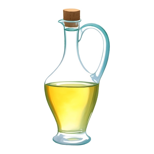 Aceite de oliva virgen en botella de vidrio Ilustración de pintura dibujada a mano aislada