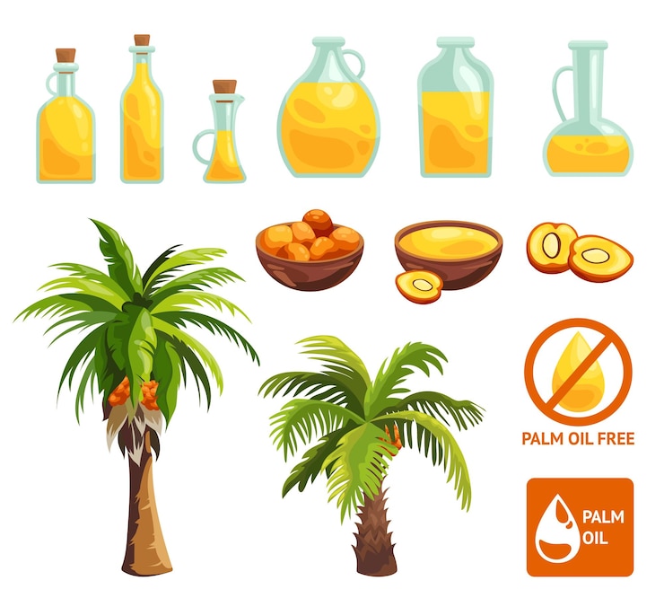 Vector aceite de palma de dibujos animados árbores de palma semillas crudas cosecha plantación comida chatarra aceites de árboles tropicales caen en botellas ácidos grasos comida iconos de la industria conjunto de dibujes animados ilustración ingeniosa