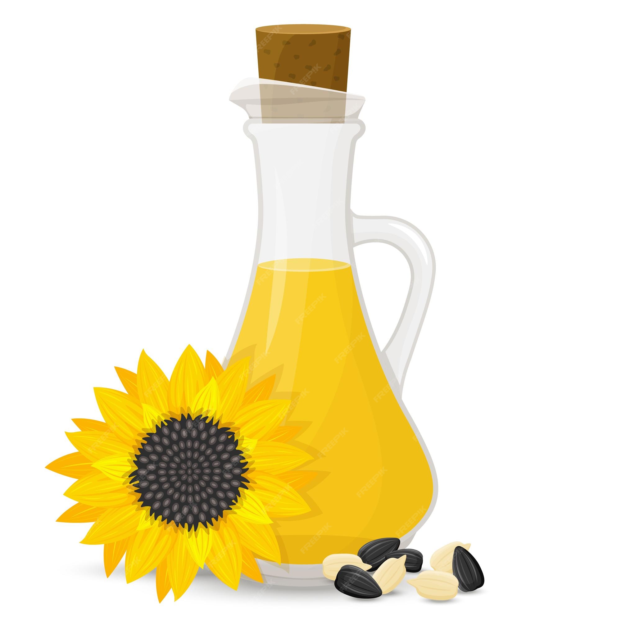 Aceite de semilla de girasol en botella de vidrio, aislado en blanco.  ilustración vectorial. flor amarilla en estilo plano de dibujos animados. |  Vector Premium