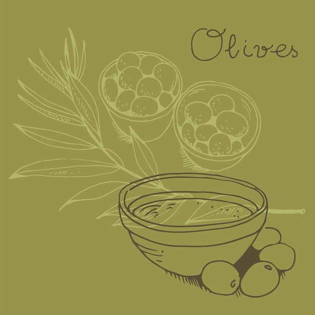 Aceitunas en un bol y rama de olivo aisladas en un fondo blanco con texto