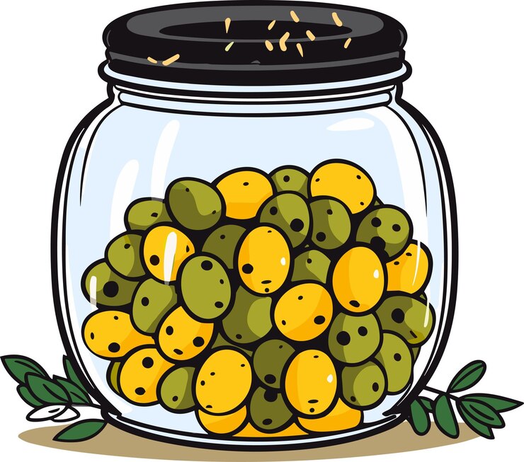 Vector aceitunas enlatadas en frasco de vidrio ilustración vectorial esquema producto alimenticio en estilo de dibujo retro