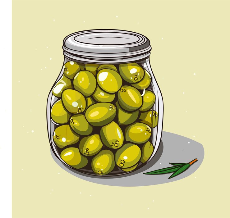 Vector aceitunas enlatadas en frasco de vidrio ilustración vectorial esquema producto alimenticio en estilo de dibujo retro