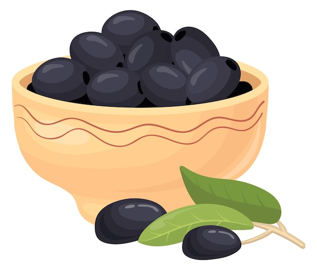 Aceitunas negras en cuenco de cerámica ingrediente de cocina de dibujos animados