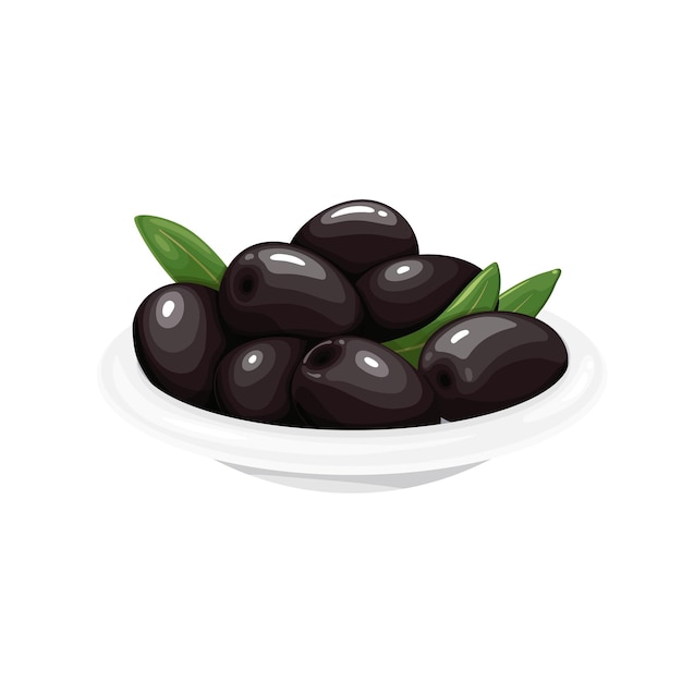 Aceitunas negras con hojas en un ilustrador vectorial de tazón blanco.