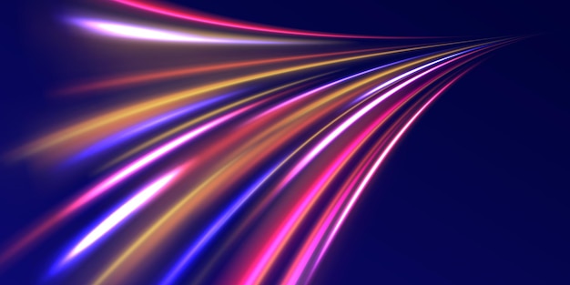 Aceleración Velocidad movimiento en carretera nocturna Rutas de luz coloridas Exposición de largo tiempo Movimiento borroso
