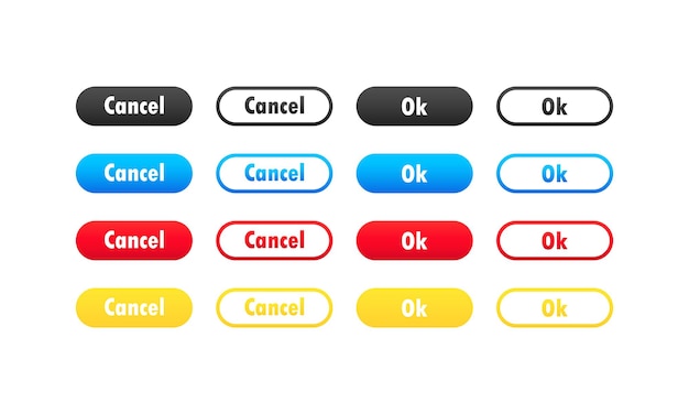 Aceptar y cancelar botones. Botones con símbolos para diseño web e interfaz de usuario.