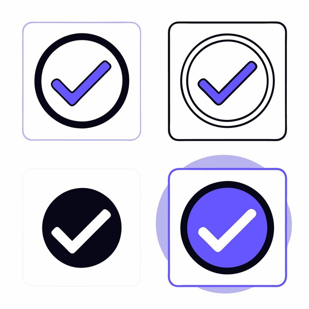Aceptar y OK Símbolos Aprobación y diseño de lista de comprobación Líneas gruesas y delgadas en azul o negro minimalista