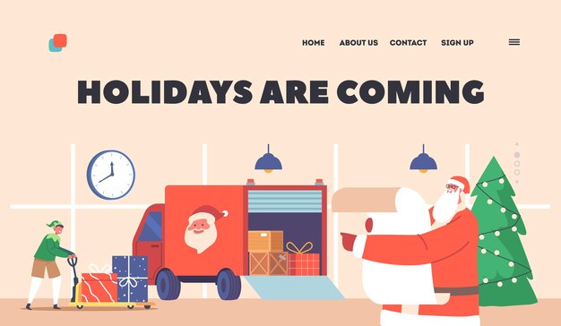 Se acercan las vacaciones Plantilla de página de destino Santa Claus y Elf Helper cargando regalos en un camión para entregarlos a los niños