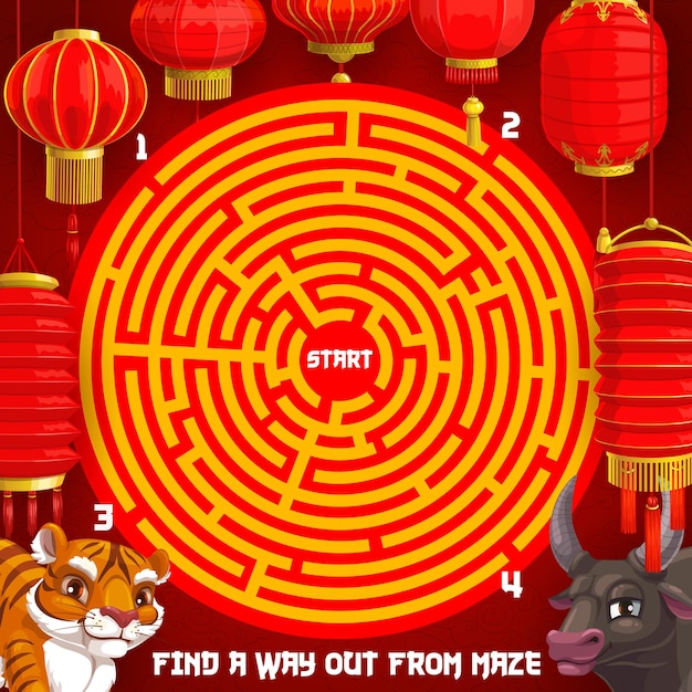 Acertijo de año nuevo, laberinto navideño para niños con animales del zodiaco chino