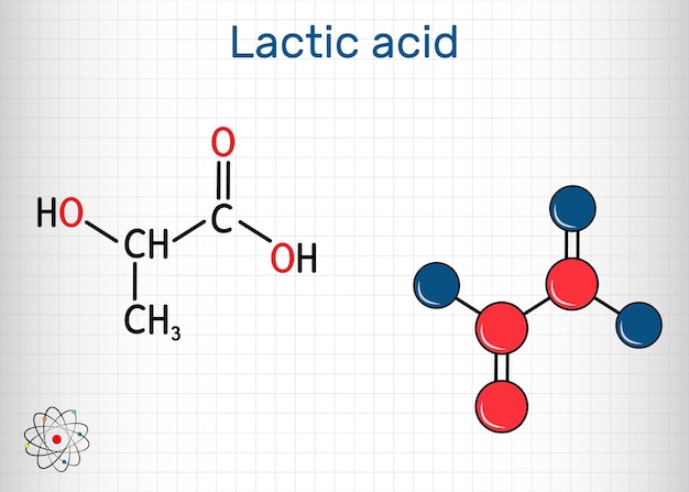 Ácido láctico lactato azúcar de leche molécula C3H6O3 fórmula química estructural y modelo molecular