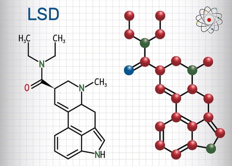 Vector ácido lisérgico dietilamida lsd fórmula química estructural y modelo molecular