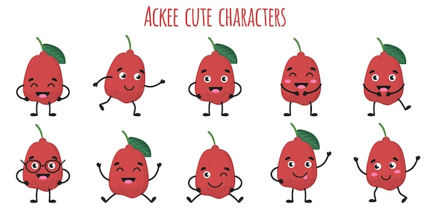 Ackee fruit lindos personajes alegres divertidos con diferentes poses y emociones. Colección de alimentos detox de vitamina antioxidante natural. ilustración aislada de dibujos animados.