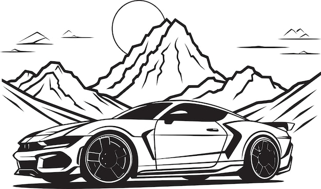 Vector aclamación alpina símbolo vectorial dinámico de un automóvil deportivo que corre a través de black mountainous paths ridge r