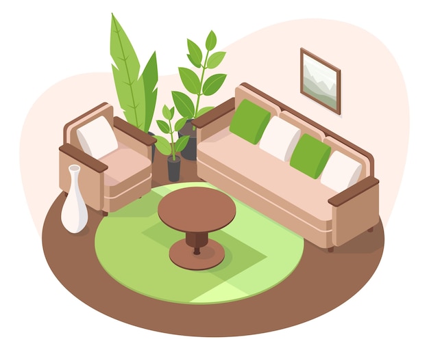 Acogedor apartamento isométrico interior sala de estar muebles 3d Sala de estar con sofá sillón y flores en maceta ilustración vectorial Diseño de apartamento moderno muebles de apartamento interior isométrico
