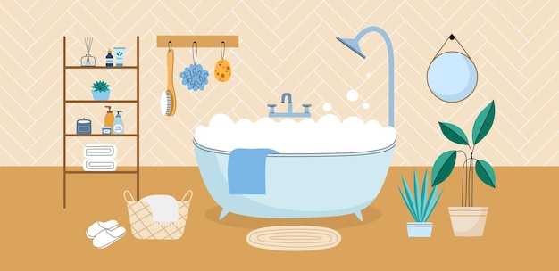 Acogedor baño interior habitación húmeda con gabinete de baño de espuma con cuidado e higiene cosméticos hogar spa cremas champús botellas vector concepto