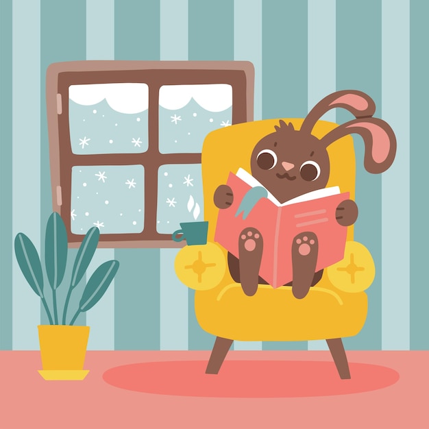 Acogedor conejo en casa sentado en el sillón amarillo y leyendo un libro lindo interior plano dibujado a mano